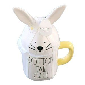Rae Dunn Cotton Tail Cutie Bunny White Ceramic Coffee‎ Mug With Topper 16oz